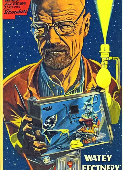 Prompt: Walter White as space cowboy in retro science fiction cover by Kelly Freas, vintage 1960 print