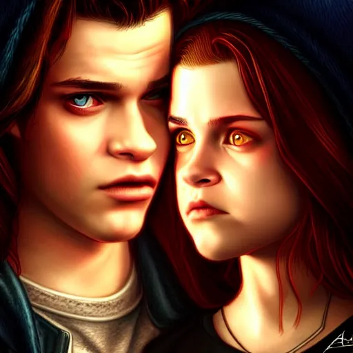 Image similar to Twilight version of Stranger Things, Portrait of Edward and Bella, diffuse lighting, fantasy, intricate, elegant, highly detailed, lifelike, photorealistic, digital painting, artstation, illustration, concept art, smooth, sharp focus, art by Albert Aublet