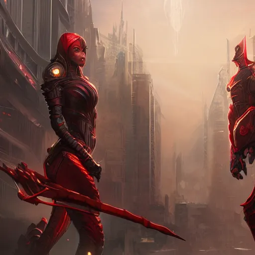 Prompt: a pair of twins, male and female, arrogant, science fantasy, wide shot, urban background, highly detailed, digital painting, artstation, concept art, sharp focus, illustration, art by artgerm and greg rutkowski and magali villeneuve, red black and gold color scheme