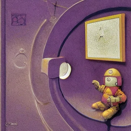 Image similar to A installation art. A rip in spacetime. Did this device in his hand open a portal to another dimension or reality?! warm violet by Chris Ware, by Brian Froud defined, realist