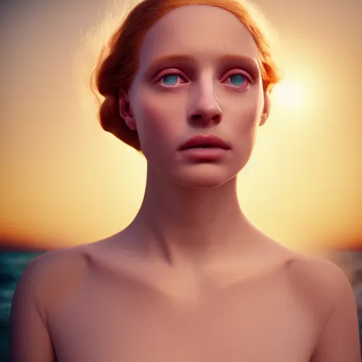 Image similar to photographic portrait of a stunningly beautiful english renaissance female in soft dreamy light at sunset, beside the sea, soft focus, contemporary fashion shoot, in a denis villeneuve and tim burton movie, by edward robert hughes, annie leibovitz and steve mccurry, david lazar, jimmy nelsson, extremely detailed, breathtaking, hyperrealistic, perfect face, octane render