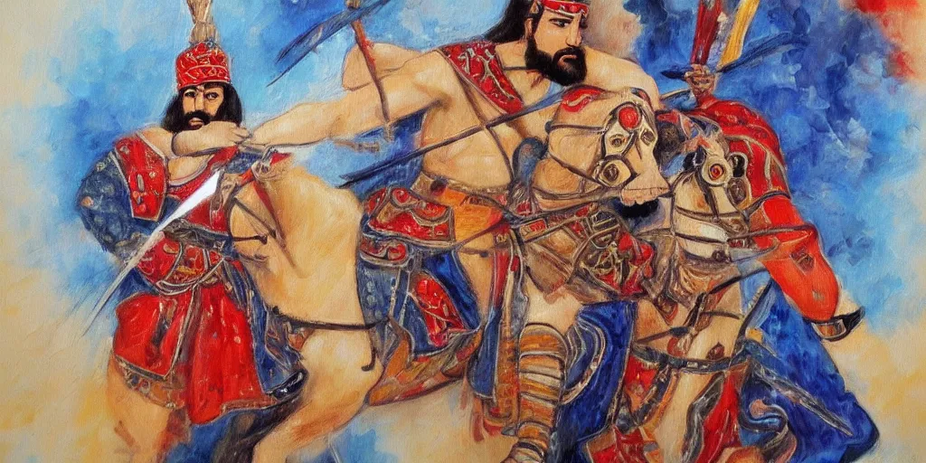 Image similar to persian warrior painting, hd, smooth, canvas, clear, sharp focus