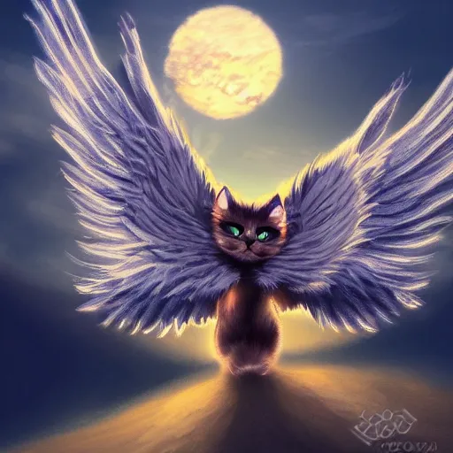 Image similar to a photograph of cute cat with wings flying towards the sunset, highly detailed, symmetric, artstation, precise, photorealistic, impressionism style