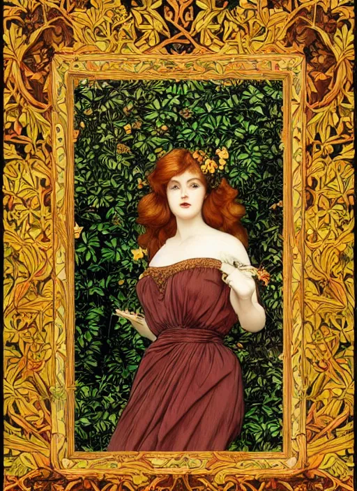 Image similar to masterpiece beautiful flowing curves pin up pose preraphaelite portrait photography, extreme closeup shot, straight bangs, thick set features, yellow ochre ornate medieval dress, amongst foliage mushroom forest arch, circle, william morris and kilian eng and mucha, framed, 4 k