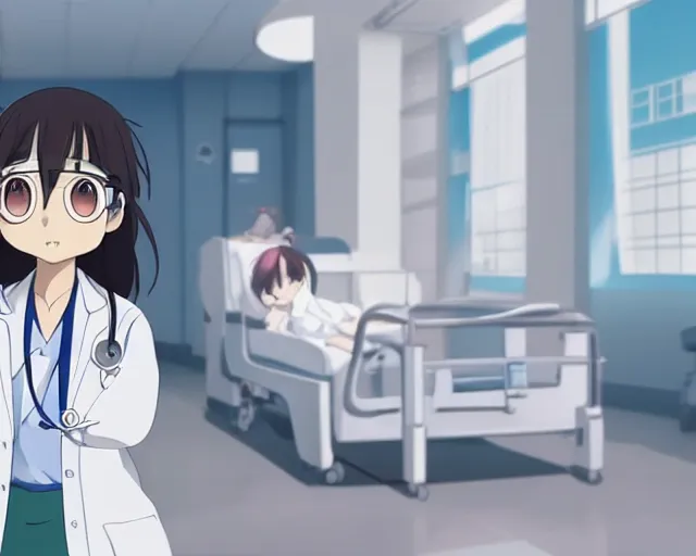 Prompt: a cute young female doctor wearing white coat are talking to a little body in a hospital, slice of life anime, anime scenery by Makoto shinkai