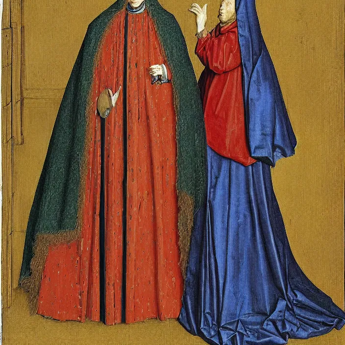 Prompt: a robot wearing a hooded cloak, by Jan van Eyck