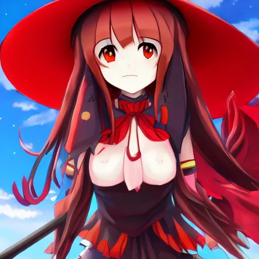 Prompt: Megumin witch hat red clothes holding staff vibrant colors, trending on pixiv, digital art, anime, trending on artstation