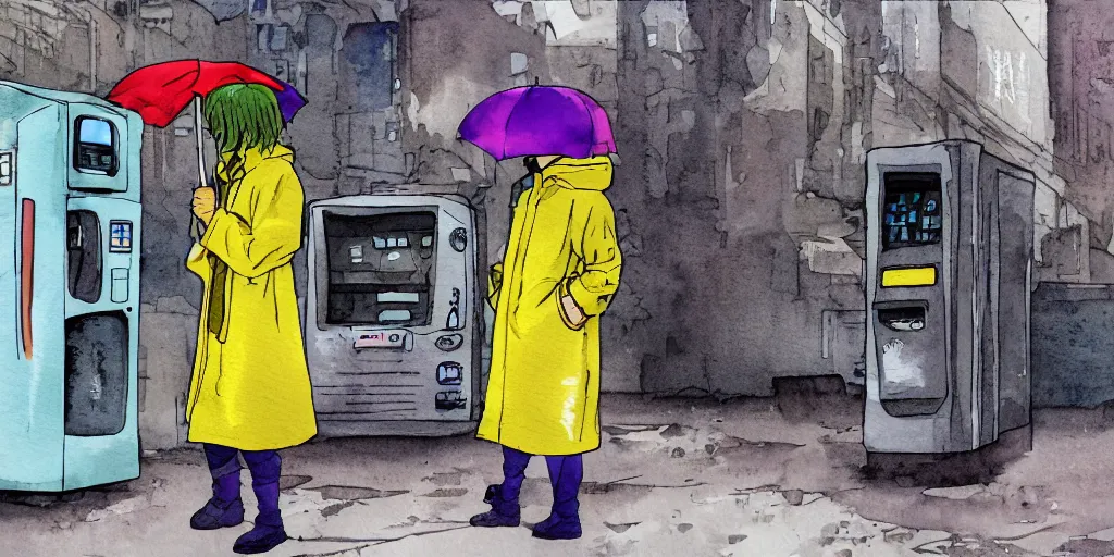 Prompt: ultrawide, simple watercolor of a dusty deserted city, a girl with a parka and a yellow umbrella, broken vending machines, in the style of Ghost in the Shell