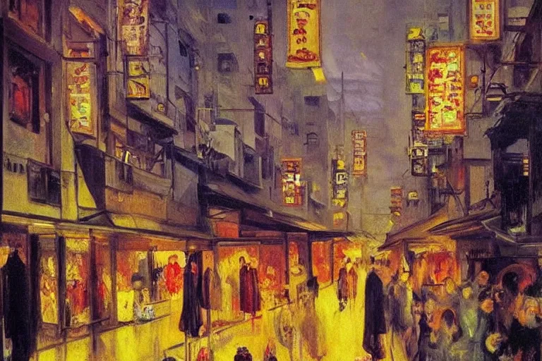 Prompt: dream festival in a city, low angle view from a city street lined with shops and apartments, glowing street signs, revelers playing games and shopping at a night market, oil painting by edvard munch, beksinski, city like hong kong, tokyo, barcelona