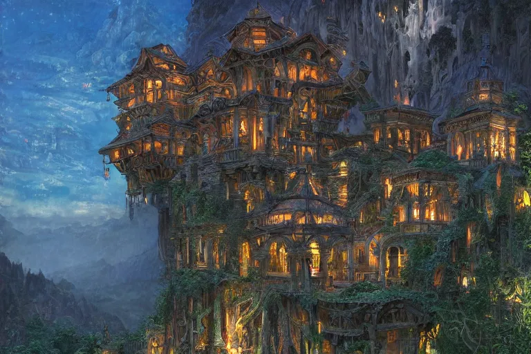 Prompt: glass temple on a mountaintop at night | by Paul O. Zelinsky and Donato Giancola | ornate carvings| climbing vines| rich color | dramatic cinematic lighting | extremely crisp and detailed | featured on Artstation | cgsociety