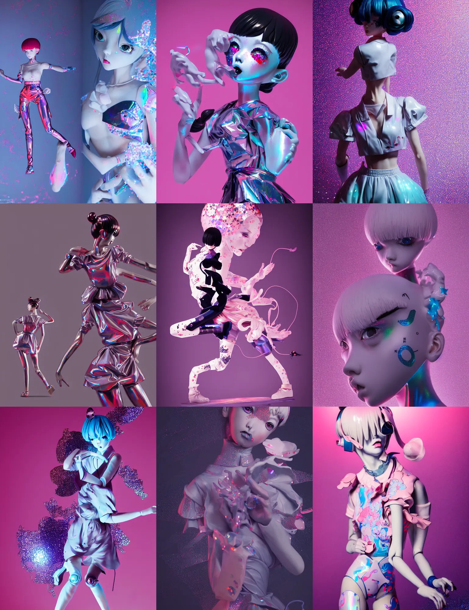 Prompt: james jean, ilya kuvshinov isolated harajuku fashion vinyl figure, figure photography, dynamic moving pose, glitter accents on figure, holographic undertones, anime stylized, high detail, ethereal lighting, rim light, expert light effects on figure, sharp focus, impactful composition and glowing effects unreal engine, octane, editorial awarded design