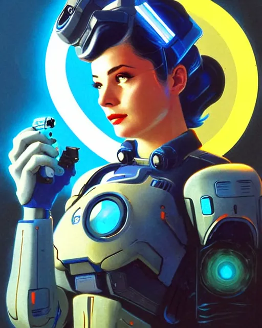 Prompt: echo from overwatch, blue hologram female face, grace kelly, character portrait, portrait, close up, concept art, intricate details, highly detailed, vintage sci - fi poster, retro future, in the style of chris foss, rodger dean, moebius, michael whelan, and gustave dore