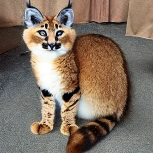 Image similar to cute fluffy caracal as a cat dressed in dress