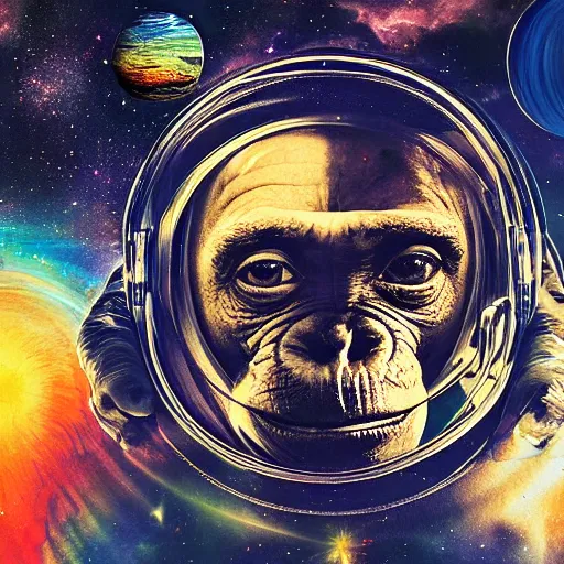 Image similar to double exposure portrait of astronaut and a chimpanzee astronaut with space and time in the the background by davinci, circles, psychedelic, pencil art, high definition, dynamic lighting stars, sharpness, golden ratio