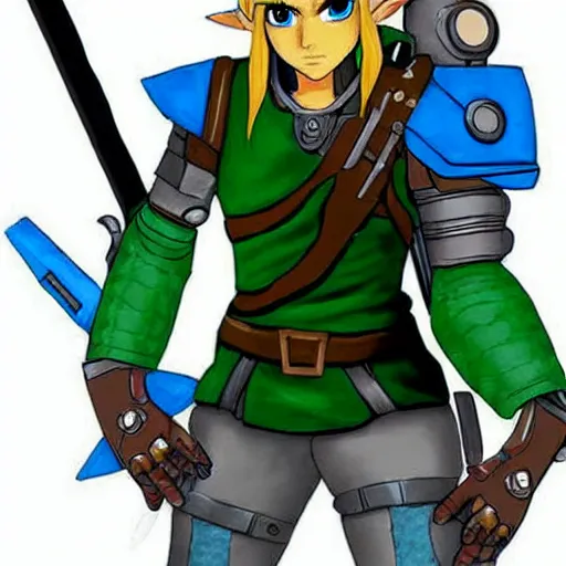Prompt: link from zelda as a cyborg warrior robot