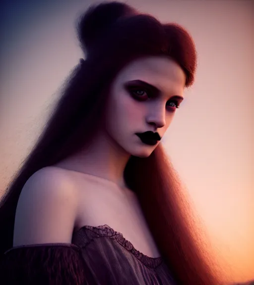 Image similar to photographic portrait of a stunningly beautiful gothic female in soft dreamy light at sunset, contemporary fashion shoot, by edward robert hughes, annie leibovitz and steve mccurry, david lazar, jimmy nelsson, breathtaking, 8 k resolution, extremely detailed, beautiful, establishing shot, artistic, hyperrealistic, beautiful face, octane render