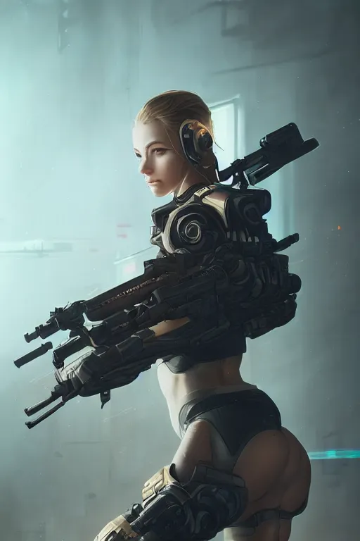 Prompt: beautiful illustration of a cyborg mercenary girl holding a rifle, art by wlop, artgerm, upper body, cyberpunk, neon, elegant, highly detailed, trending on artstation, sharp focus, caustics, octane render, radiant light, 4 k
