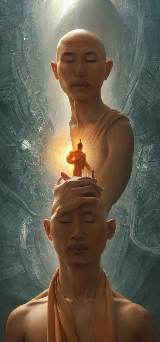 Image similar to ultra realistic illustration, a serene buddhist monk experiencing ego death, cyberpunk, sci-fi, fantasy, intricate, elegant, highly detailed, digital painting, artstation, concept art, smooth, sharp focus, illustration, art by artgerm and greg rutkowski and alphonse mucha, rene magritte, surrealism