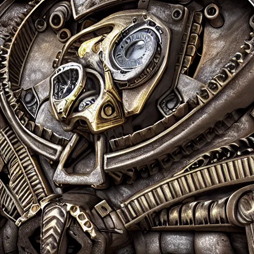 Prompt: A steampunk ornate styracosaur made of engraved full plate armor and gears, Macro shot by Justin Gerard, unreal engine, physically based rendering