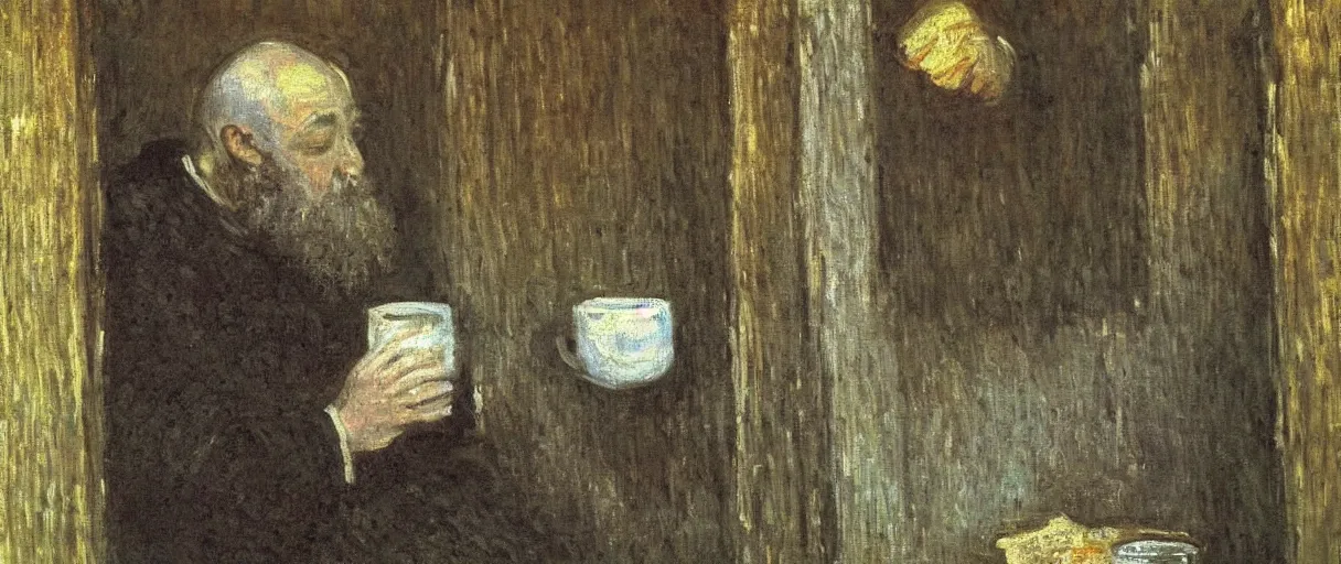 Image similar to a medieval monk drinking a mug of beer in his cell; detailed; a painting by Claude Monet