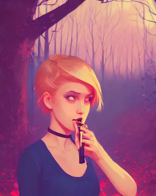 Image similar to digital illustration of pretty girl with short blonde hair hair, from alice in wonderland, smoking, in a wonderland forest, in junkyard at night, by ilya kuvshinov, lois van baarle, rossdraws, basquiat