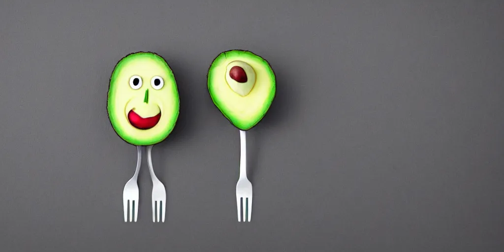 Prompt: cute little smiling avocado robot with cute eyes and forks instead of arms, logo style