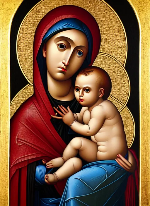 Image similar to realistic detailed 8k photo of futuristic holy cyborg-mother holding a newborn baby child in hands by Raphael Santi, orthodox icon Neo-Gothic, gothic, rich deep colors. masterpiece