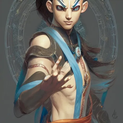 Prompt: Portrait of avatar aang in the avatar state, fantasy, intricate, elegant, highly detailed, digital painting, artstation, concept art, smooth, sharp focus, illustration, art by artgerm and greg rutkowski and alphonse mucha
