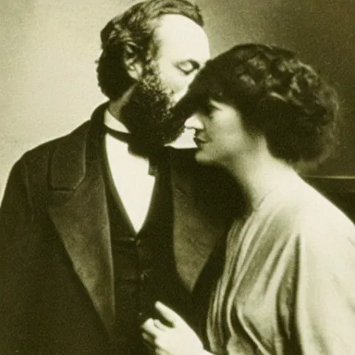 Image similar to Karl Marx and Ayn Rand kissing, wedding photo, 1920, Church backround