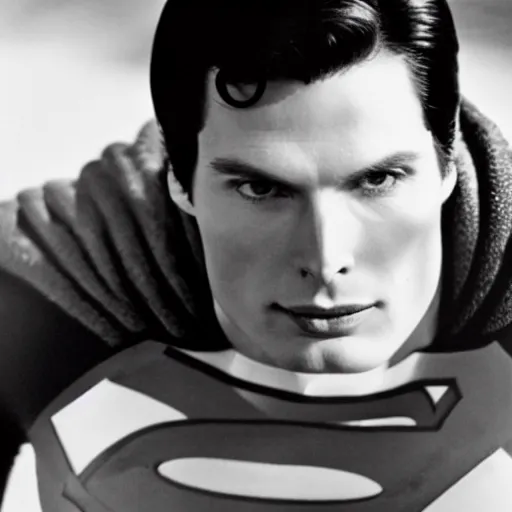 Prompt: 3 5 mm photo of christopher reeve as superman in new movie