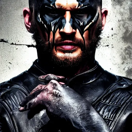 Image similar to Tom Hardy as wolverine in Black Damaged leather suit Digital art 4K quality Photorealism