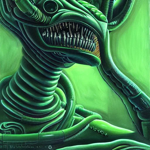 Image similar to a painting of a alien creature with a green background, an ultrafine detailed painting by h. r. giger, artstation, space art, reimagined by industrial light and magic, # vfxfriday, cosmic horror