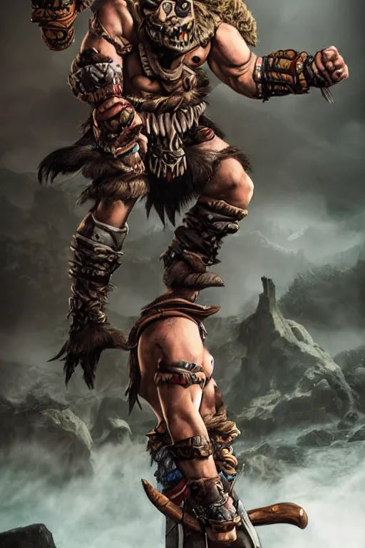 Image similar to Travis Willingham as Grog Strongjaw from Vox Machina, Dungeons and Dragons Goliath Barbarian, realistic cinematic shot, subtle fog and mood lighting