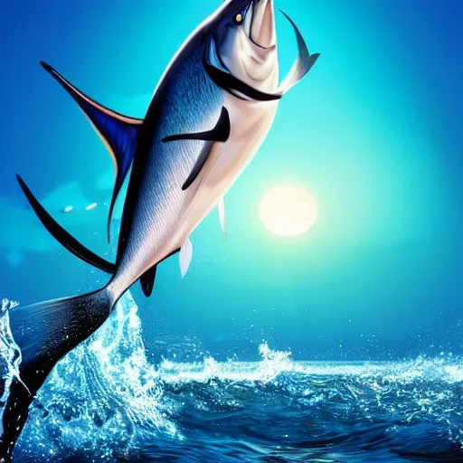 Image similar to of an amazing realistic illustration of a marlin fish jumping out of water, go pro footage, water line surface, sunrise lighting, dynamic composition