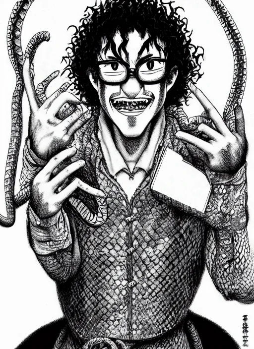 Image similar to portrait of a snake oil salesman by Kentaro Miura, it idn't greasy