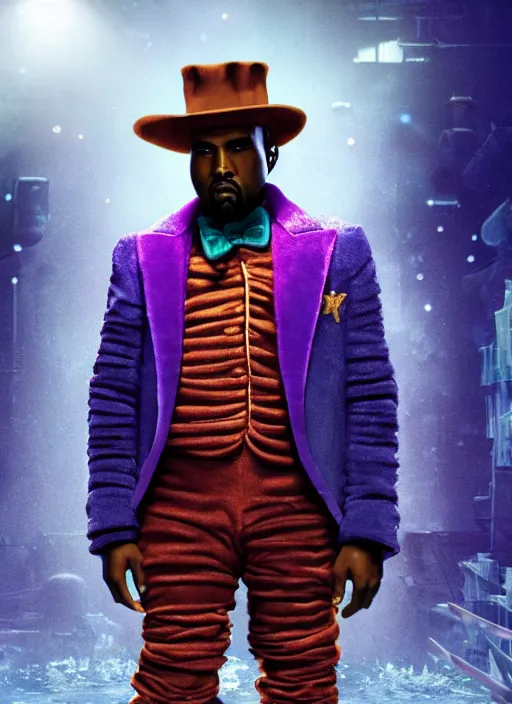 Image similar to Kanye West as willy wonka in fallout new vegas, splash art, movie still, cinematic lighting, dramatic, octane render, long lens, shallow depth of field, bokeh, anamorphic lens flare, 8k, hyper detailed, 35mm film grain