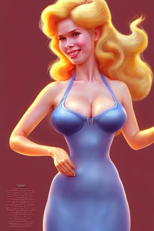 Image similar to polished sweaty princess peach : : claudia schiffer face : : christina hendricks body : : weta disney pixar movie still photo : : hi - fructose, sci fi, fantasy, decadent highly - detailed digital painting, golden ratio, octane render, artstation, smooth, sharp focus, artgerm, mucha, loish, wlop : :