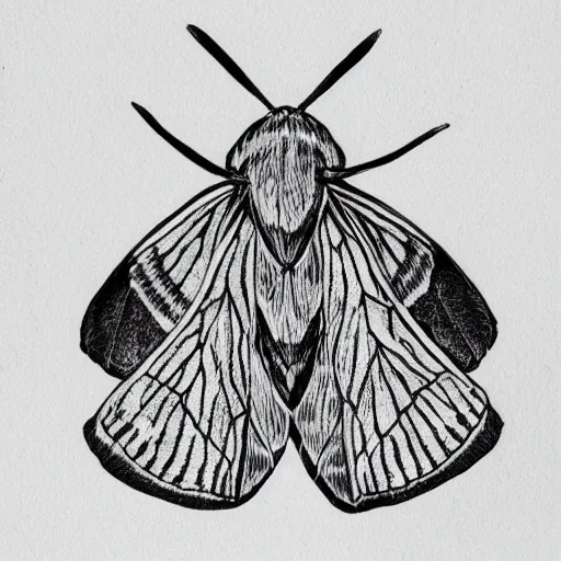 Prompt: moth, black and white, botanical illustration, black ink on white paper, bold lines