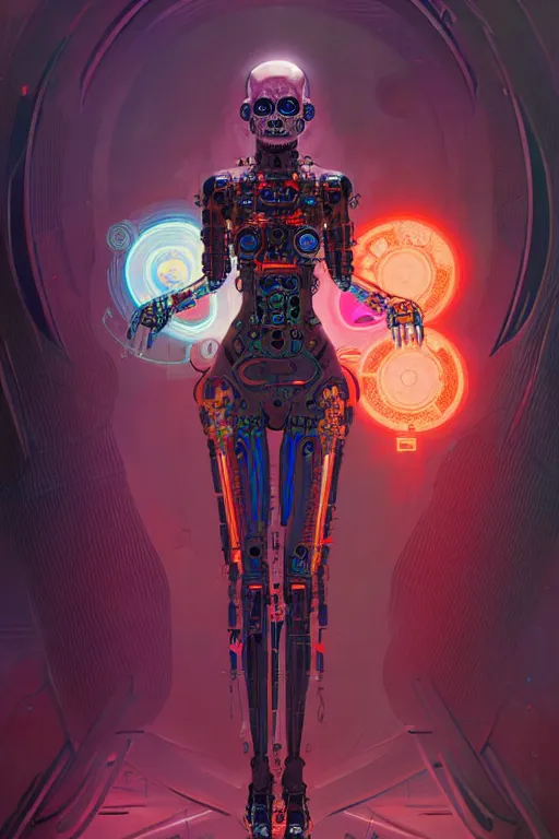 Prompt: ultra detailed, the creation of a female android, sci - fi, triadic color scheme, ( dia de los muertos ), asymmetrical, intricate concept art, art by godmachine and michael welan and dzo and greg rutkowski and alphonse mucha and loish and wlop