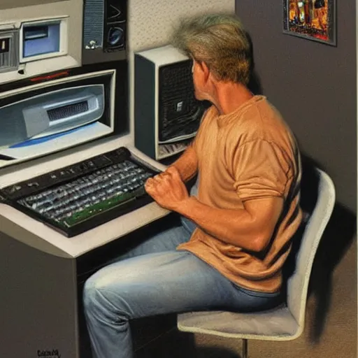 Image similar to man sitting in front of retro 80s computer smoking a cigarette, camera behind, art by Donato Giancola and James Gurney, digital art, trending on artstation