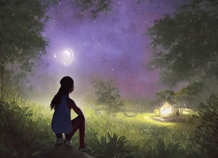 Image similar to a young caribbean girl on the front lawn using a telescope looking up at the stars, night time, forest in the distant background by greg rutkowski,