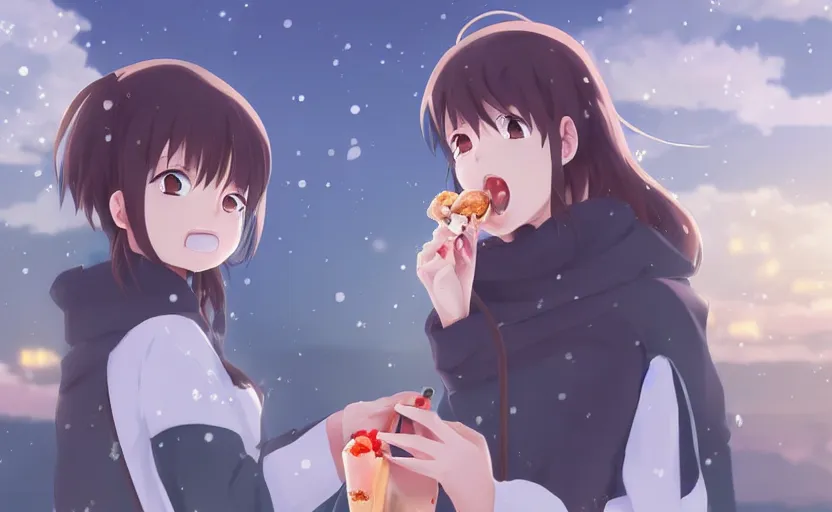 Prompt: An anime girl eating ice cream, feeling the cold on her tongue, anime scene by Makoto Shinkai, digital art