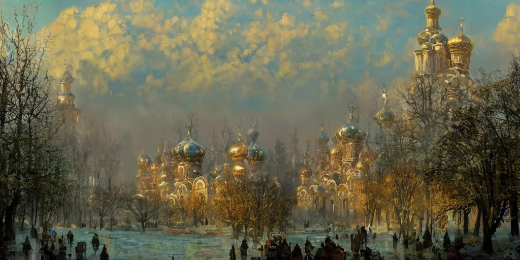 Image similar to beautiful magical ancient Slavic city of Kitezh, magic mist, oil painting, painting by Viktor Vasnetsov, concept art, fantasy cityscape, ancient Russian architecture, painting by Ivan Shishkin, hyperborea, high resolution, trending on artstation,