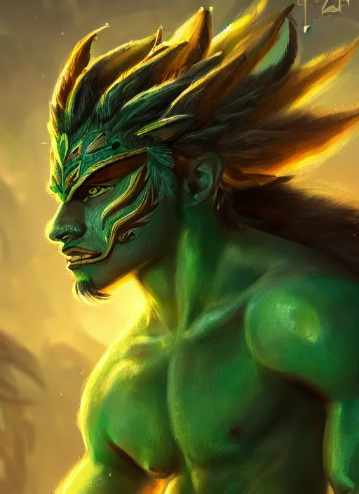 Prompt: a highly detailed illustration of fierce young aztec boy wearing green mane, heroic roaring wielding aztec club pose, muscular, intricate, elegant, highly detailed, centered, digital painting, artstation, concept art, smooth, sharp focus, league of legends concept art, wlop