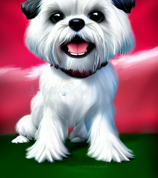 Image similar to small white shihtzu maltese mix dog in nc state stadium smiling full color digital illustration in the style of don bluth, artgerm, artstation trending, 4 k