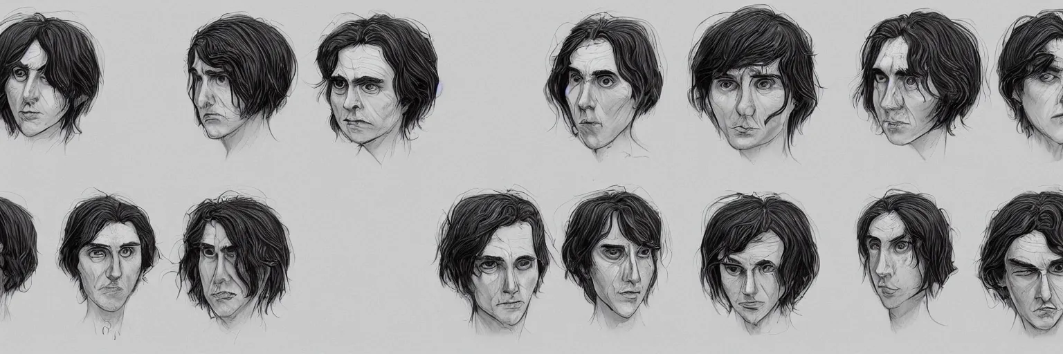 Prompt: character study of paul dano and tim burton, clear faces, emotional, character sheet, fine details, concept design, contrast, kim jung gi, pixar and da vinci, trending on artstation, 8 k, full body and head, turnaround, front view, back view, ultra wide angle