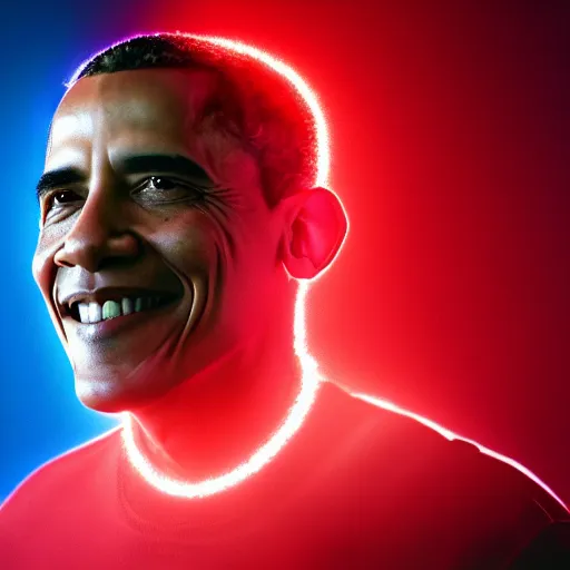 Prompt: Obama in fighting stance, glowing red aura around obama, smiling, 40nm, shallow depth of field, split lighting, 4k,