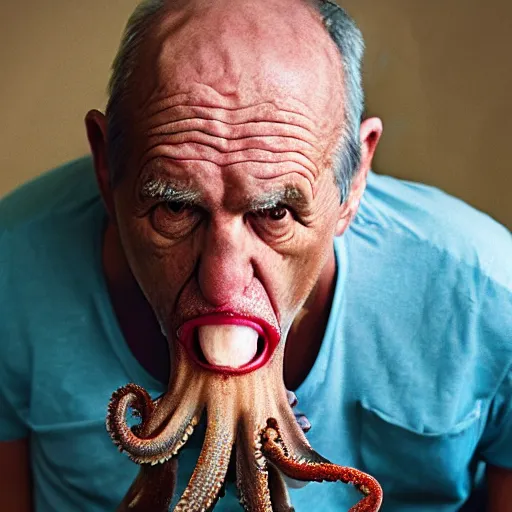 Image similar to National Geographic photo of angry old man with octopus living in his mouth