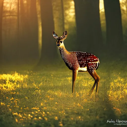 Image similar to a beautiful spotted deer in the woods lit by the morning sky, sunrise, chital, photorealistic, by annie leibovitz and steve mccurry, natural light, canon eos c 3 0 0, ƒ 1. 8, 3 5 mm, 8 k, medium - format print