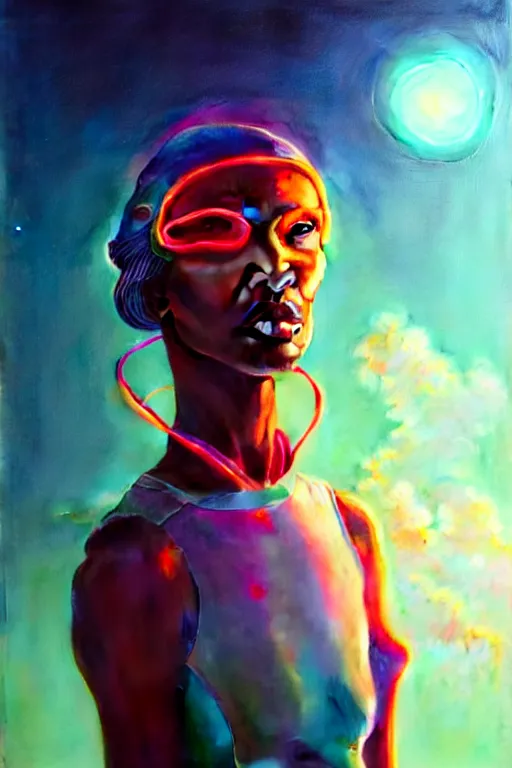 Image similar to patron saint of 🛸🌈👩🏾, futuristic clothing, neon god of city character portrait, in the style of moebius, tom bagshaw, and waterhouse, cinematic lighting, beautiful, elegant, oil painting,